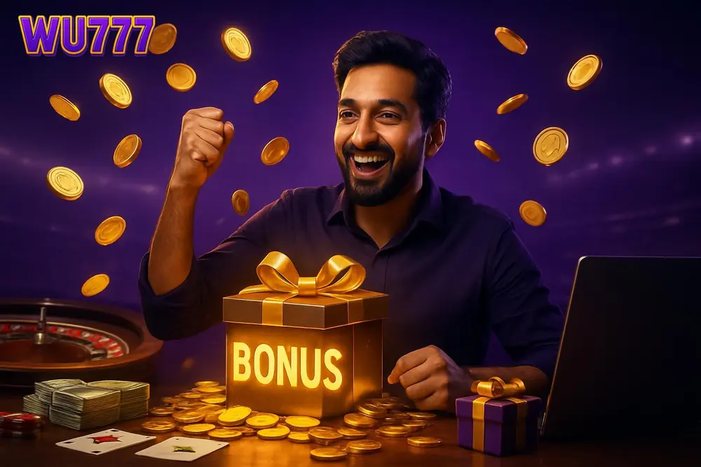 WU777 bonuses and offers โ a Pakistani man raising his fist in celebration as golden coins shower around a glowing WU777 bonuses and offers โ a Pakistani man raising his fist in celebration as golden coins shower around a glowing