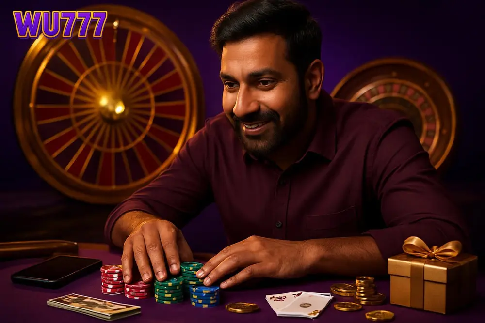 WU777 games โ a Pakistani man leaning over a table stacked with colorful chips as a spinning wheel glows behind him WU777 games โ a Pakistani man leaning over a table stacked with colorful chips as a spinning wheel glows behind him