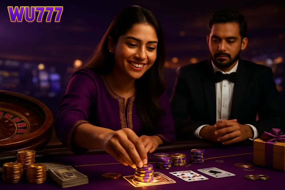 WU777 games โ a young Pakistani woman smiling as she places glowing casino chips at a table with playing cards and a WU777 games โ a young Pakistani woman smiling as she places glowing casino chips at a table with playing cards and a