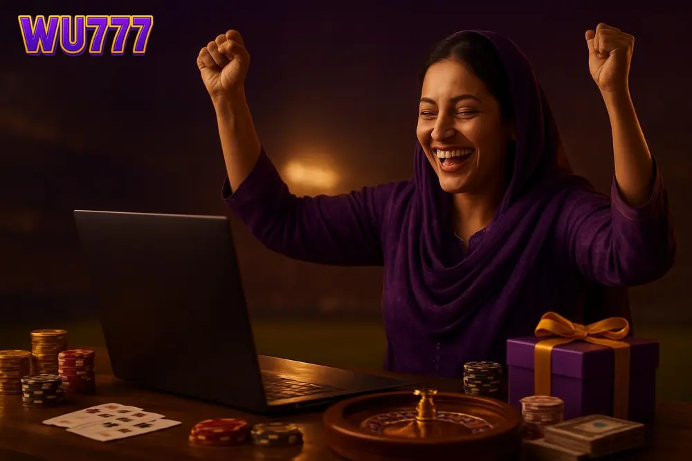 WU777 Pakistan โ a Pakistani woman celebrating with raised hands next to a glowing laptop screen surrounded by warm WU777 Pakistan โ a Pakistani woman celebrating with raised hands next to a glowing laptop screen surrounded by warm