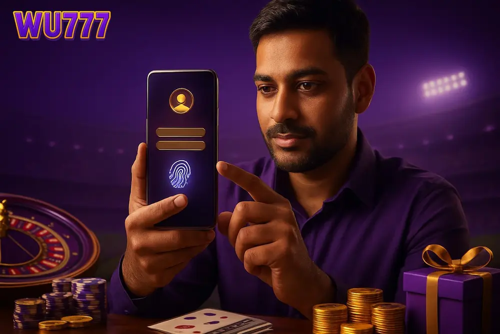 WU777 login โ a man unlocking his phone with a fingerprint scanner while a glowing account dashboard appears on screen WU777 login โ a man unlocking his phone with a fingerprint scanner while a glowing account dashboard appears on screen