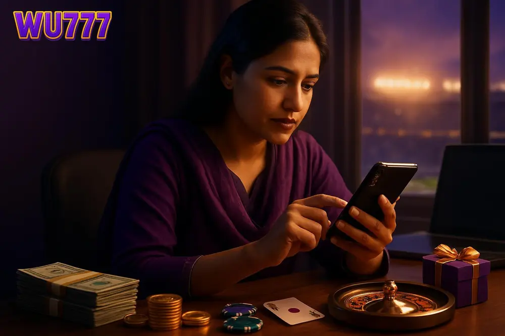 WU777 login โ a Pakistani woman entering a password on her smartphone while sitting at a wooden desk near a window WU777 login โ a Pakistani woman entering a password on her smartphone while sitting at a wooden desk near a window