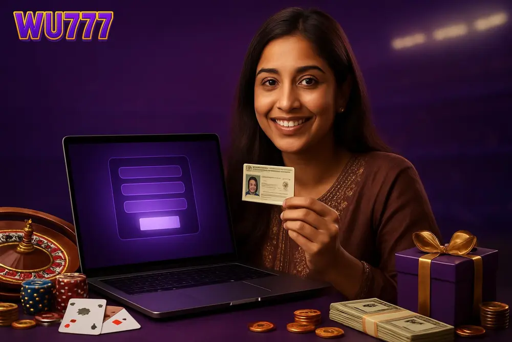 WU777 register โ a smiling Pakistani woman holding her national ID card next to a laptop showing a signup form glow WU777 register โ a smiling Pakistani woman holding her national ID card next to a laptop showing a signup form glow